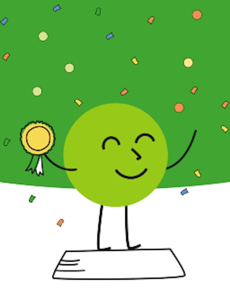 An illustration of a green smiley face with stick arms and legs, holding up a prize ribbon. It stands on a podium, surrounded by falling confetti.