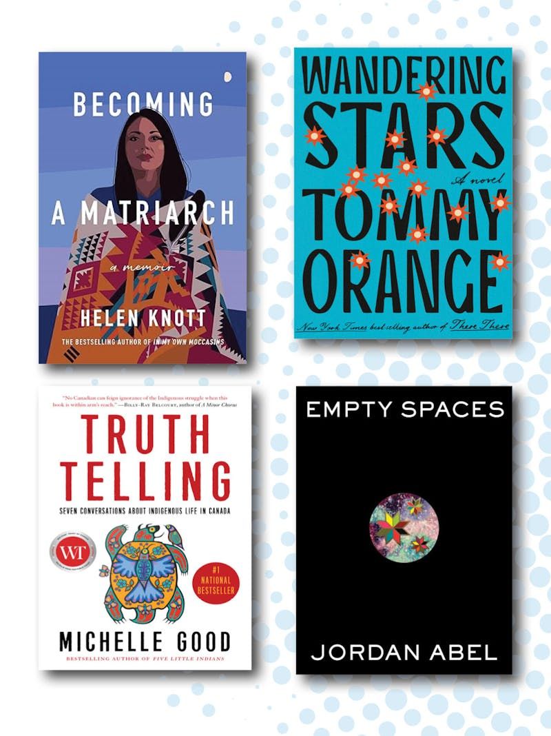 Four book covers from the Read Indigenous 2024 to 2025 adult lists: Becoming a Matriarch, Wandering Stars, Truth Telling, and Empty Spaces.