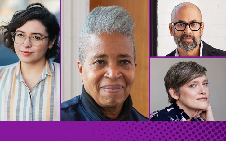 Photos of Casey McQuiston, Dionne Brand, Rumaan Alam and Heather O’Neill, with a purple bar at the bottom.