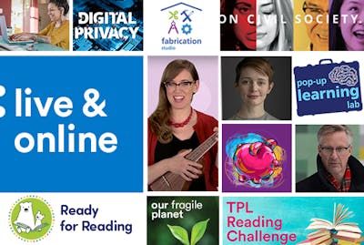 Collage of graphics for online programs at the library